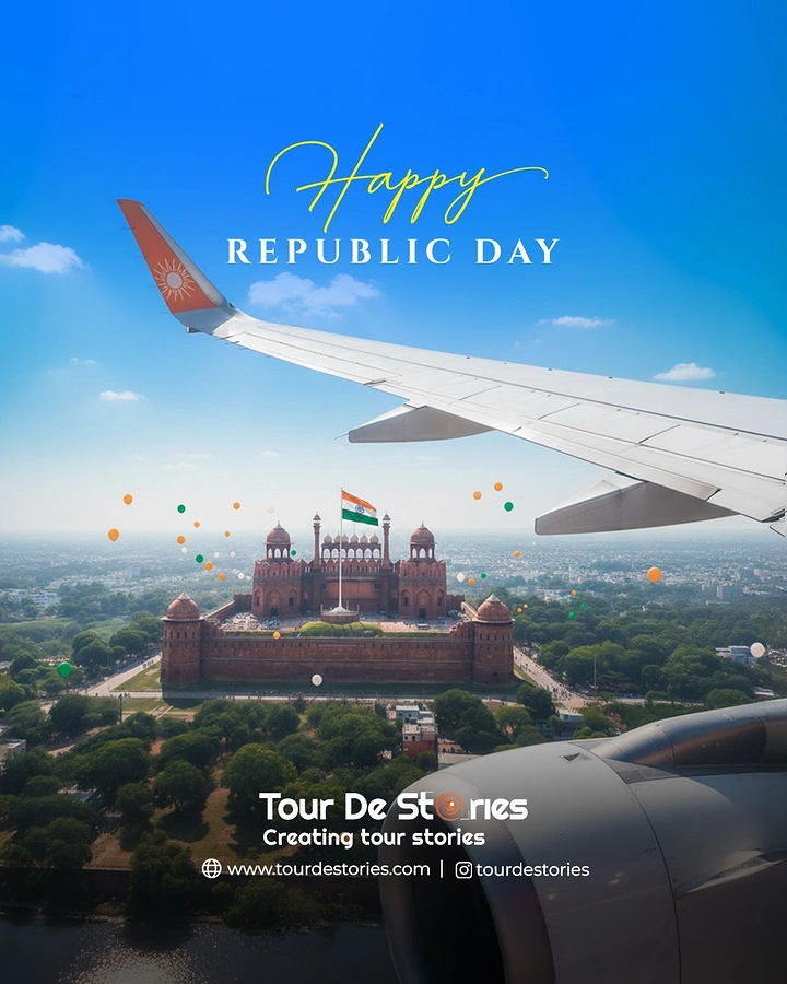 Republic Day creative ad: View from airplane window over Red Fort with flag