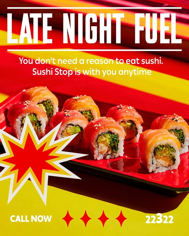 Sushi & Japanese Restaurants creative ad: Late-night fuel metaphor sells occasion