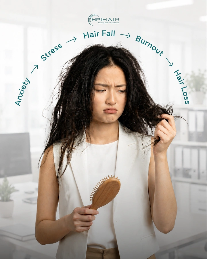 Hair Transplant & Hair Clinics creative ad: Stress-to-hair-loss arrow arc over head