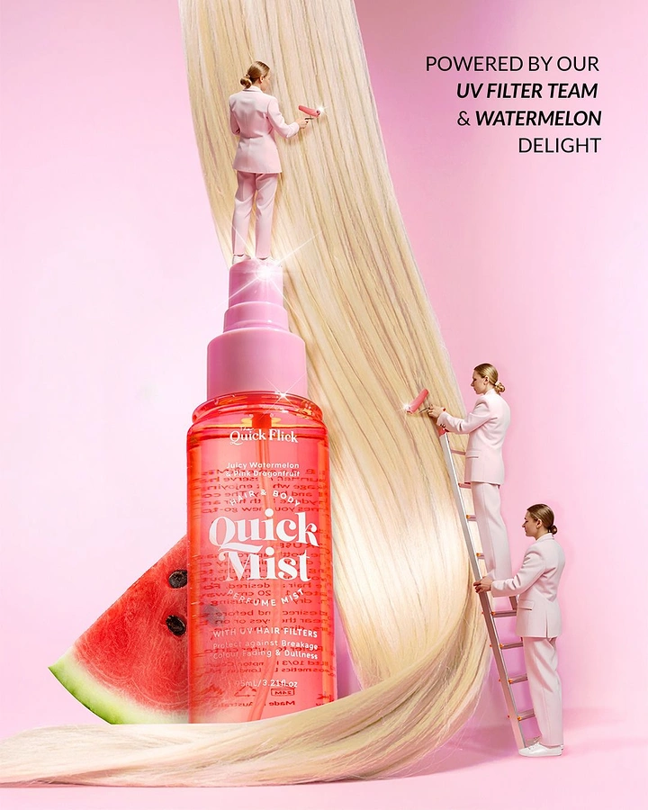Hair Care Brands creative ad: Oversized watermelon hair mist bottle beside a monumental blonde hair strand