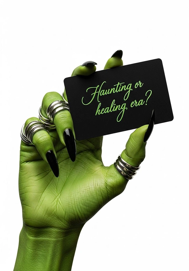 Halloween creative ad: Green witch hand holding a black card