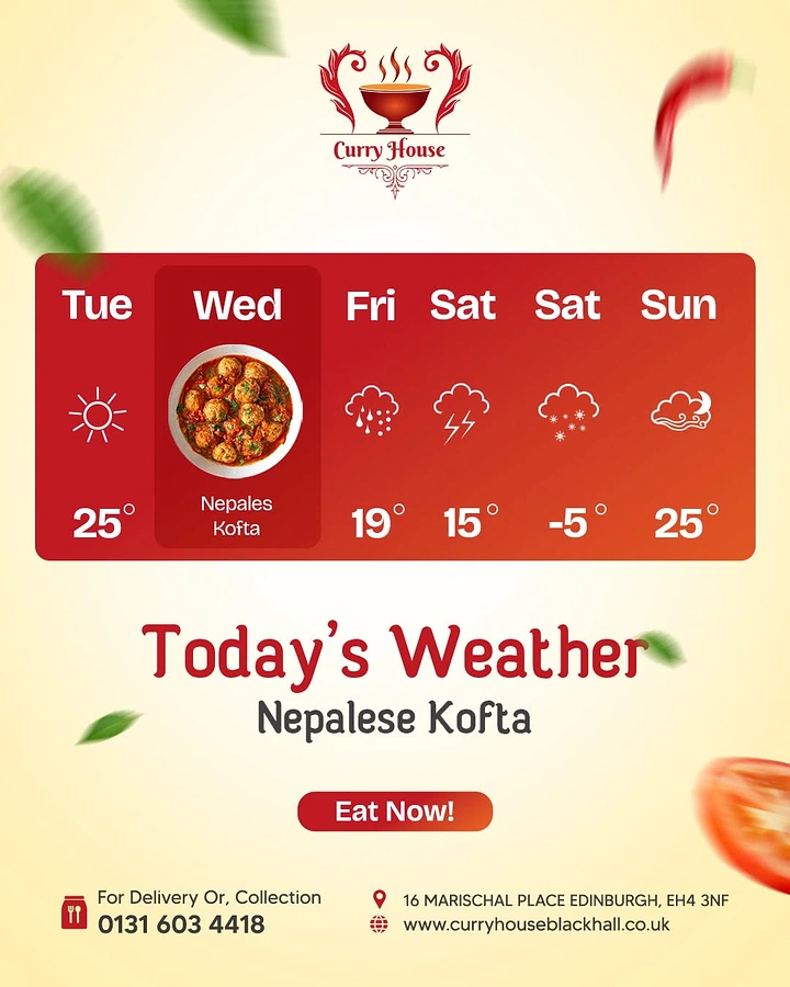 Cloud Kitchens & Food Trucks creative ad: Weather widget forecasting a dish