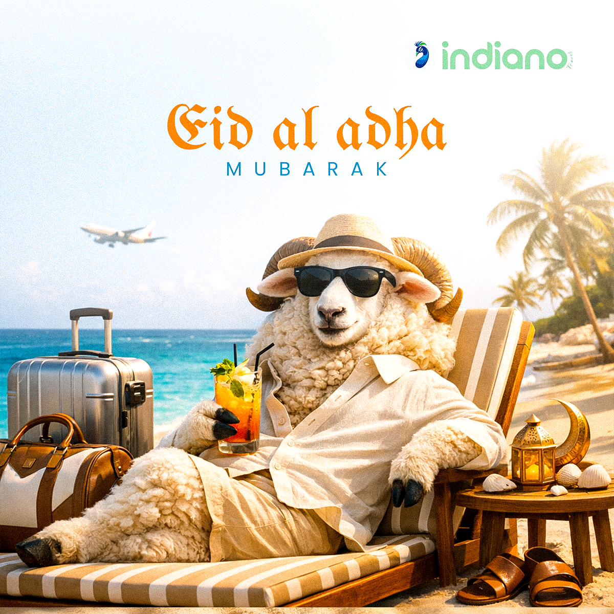 Sheep in sunglasses lounging on a beach chair
