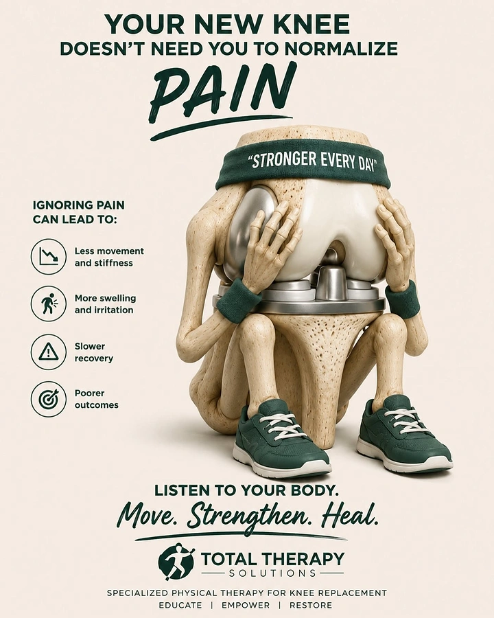 Healthcare creative ad: 3D anthropomorphic knee replacement joint holding its head in pain, wearing headband and sneakers