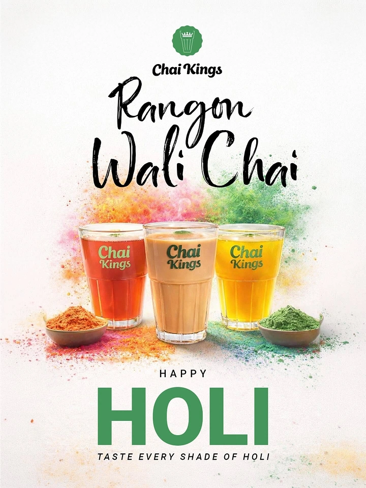 Holi creative ad: Three branded glasses of coloured chai with gulal powder bursts