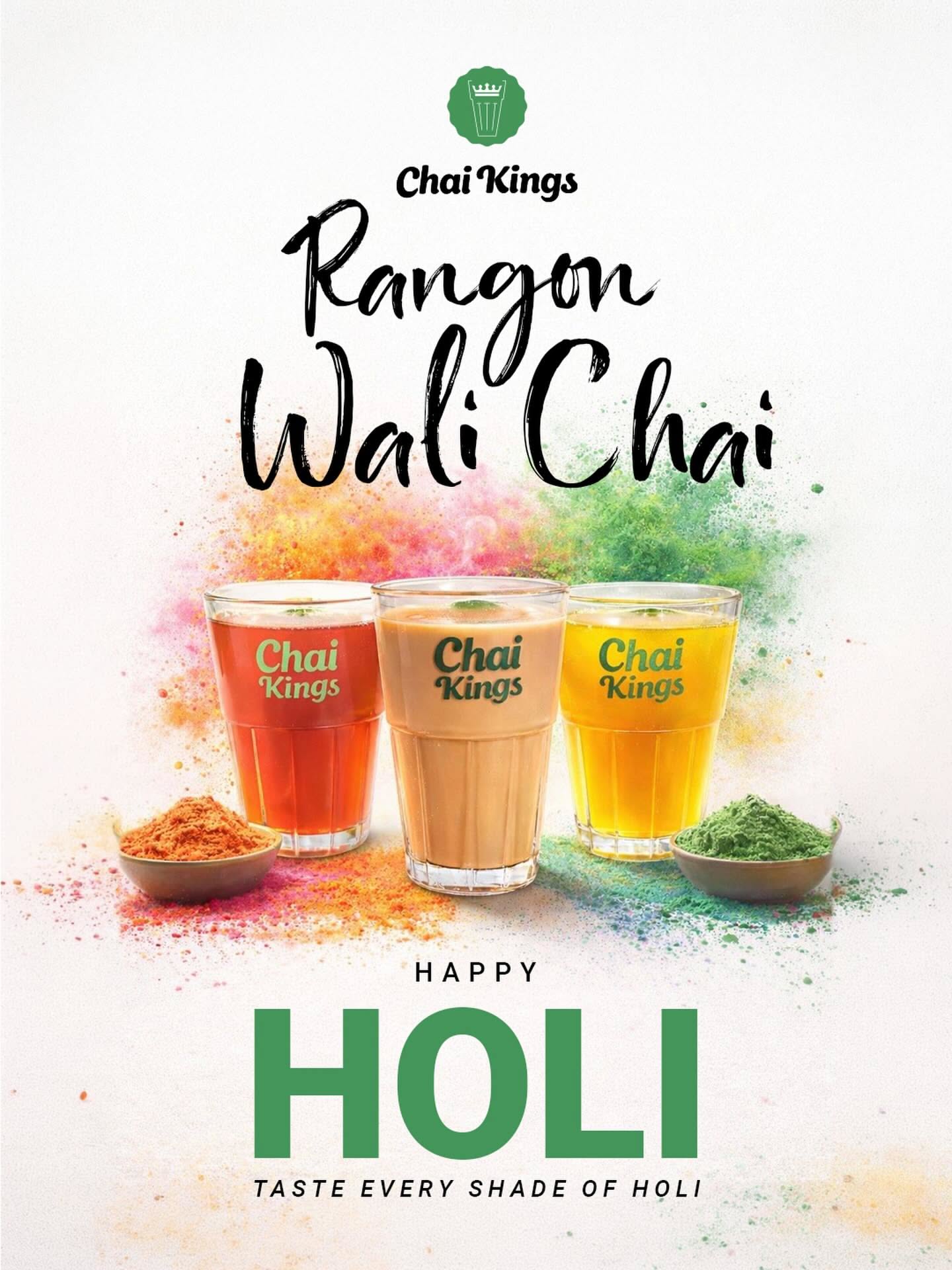 Holi Instagram post: Three branded glasses of coloured chai with gulal powder bursts
