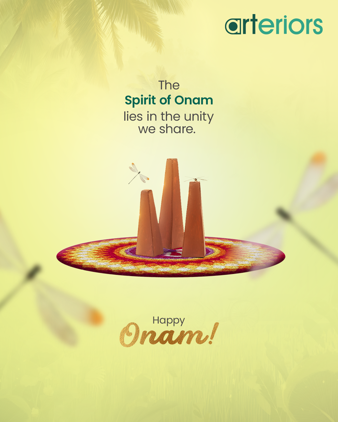 Terracotta Onathappan cones on a floating pookalam disc