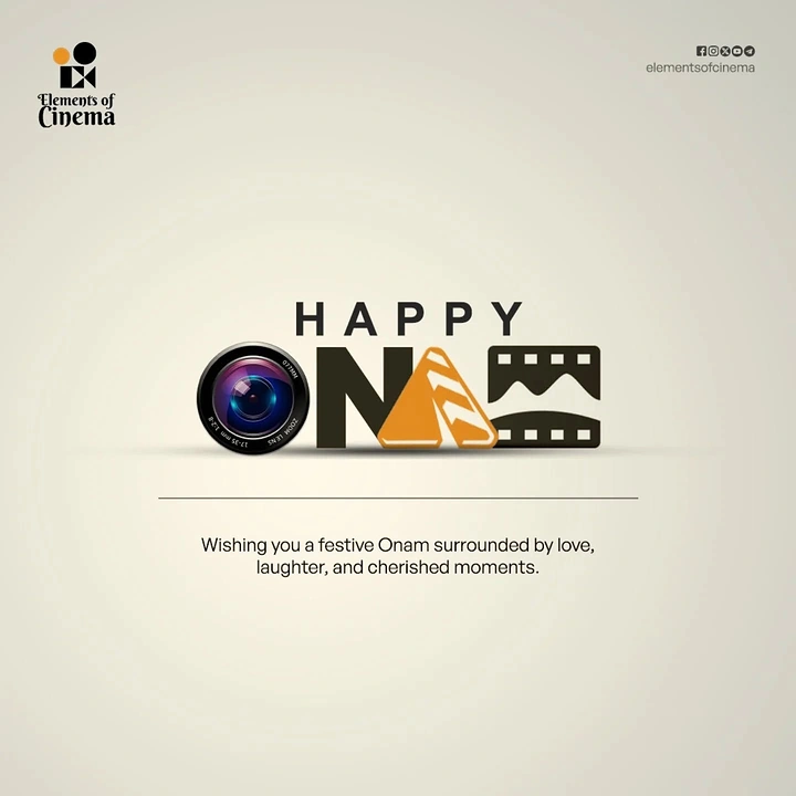 Onam creative ad: ONAM wordmark built from camera lens, clapper A and film strip M