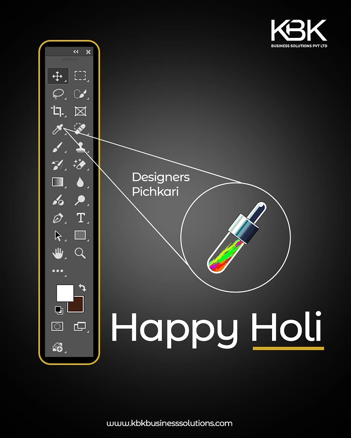Holi creative ad: Photoshop toolbar with eyedropper zoomed as a colour-filled pichkari