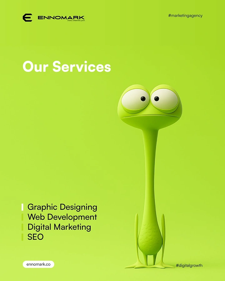 Agency creative ad: Quirky 3D creature mascot, bold green