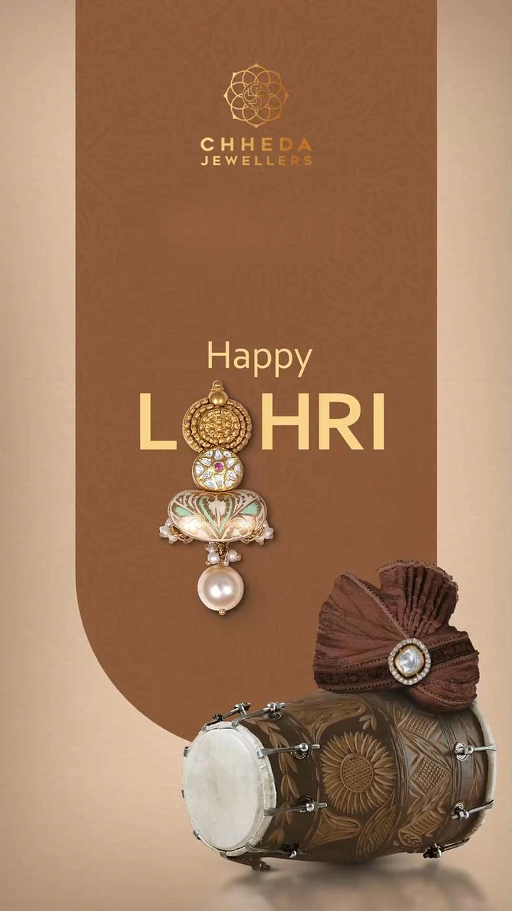 Lohri creative ad: Kundan-and-pearl pendant standing in for the letter O, with a carved dhol and turban