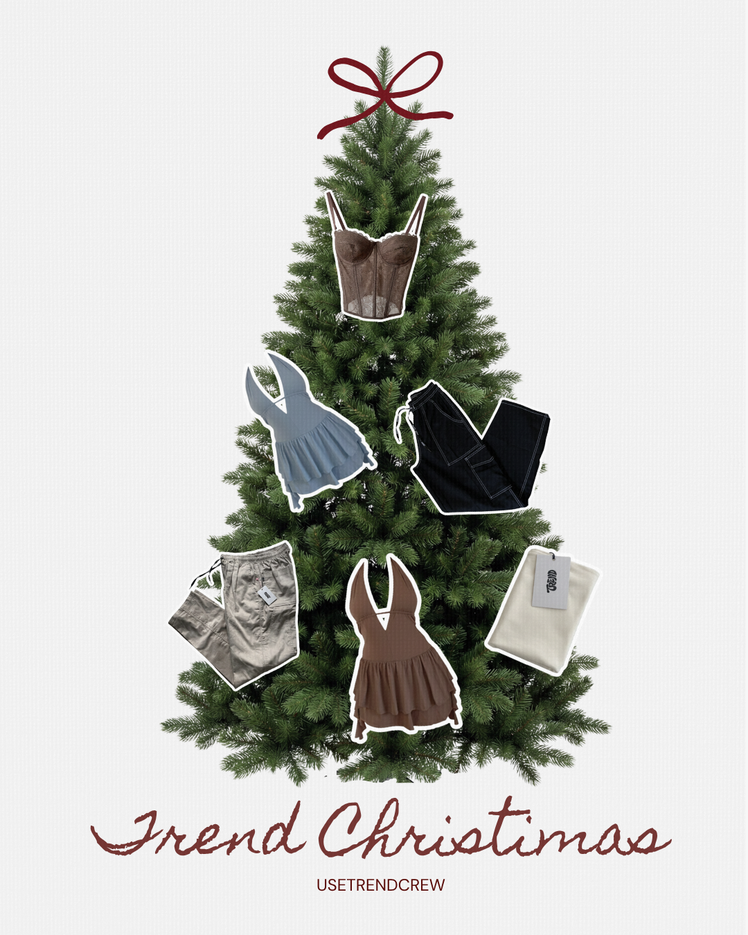 Real pine tree decorated with sticker-cut clothing items
