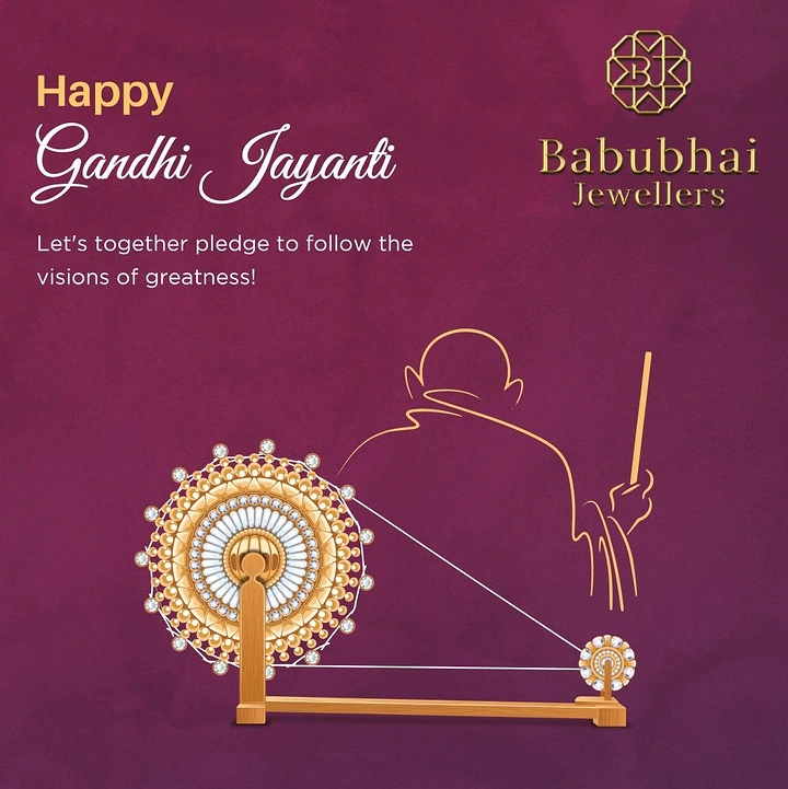 Gandhi Jayanti creative ad: Jewelled charkha with Gandhi line-art outline