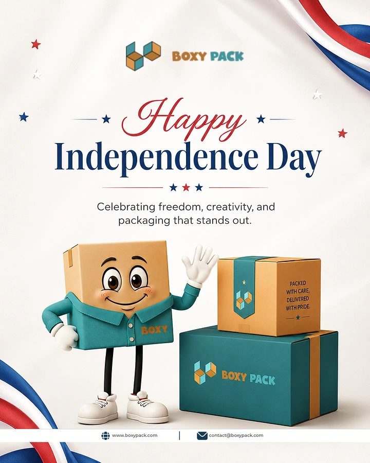 Independence Day creative ad: Cardboard box mascot celebrates for packaging brand