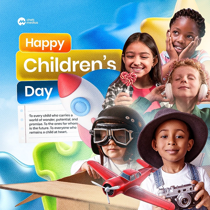 Children's Day creative ad: Collage of diverse children with toys and 3D playful objects