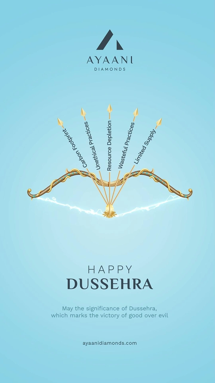 Dussehra creative ad: Ornate golden bow fanning five arrows labelled with industry evils