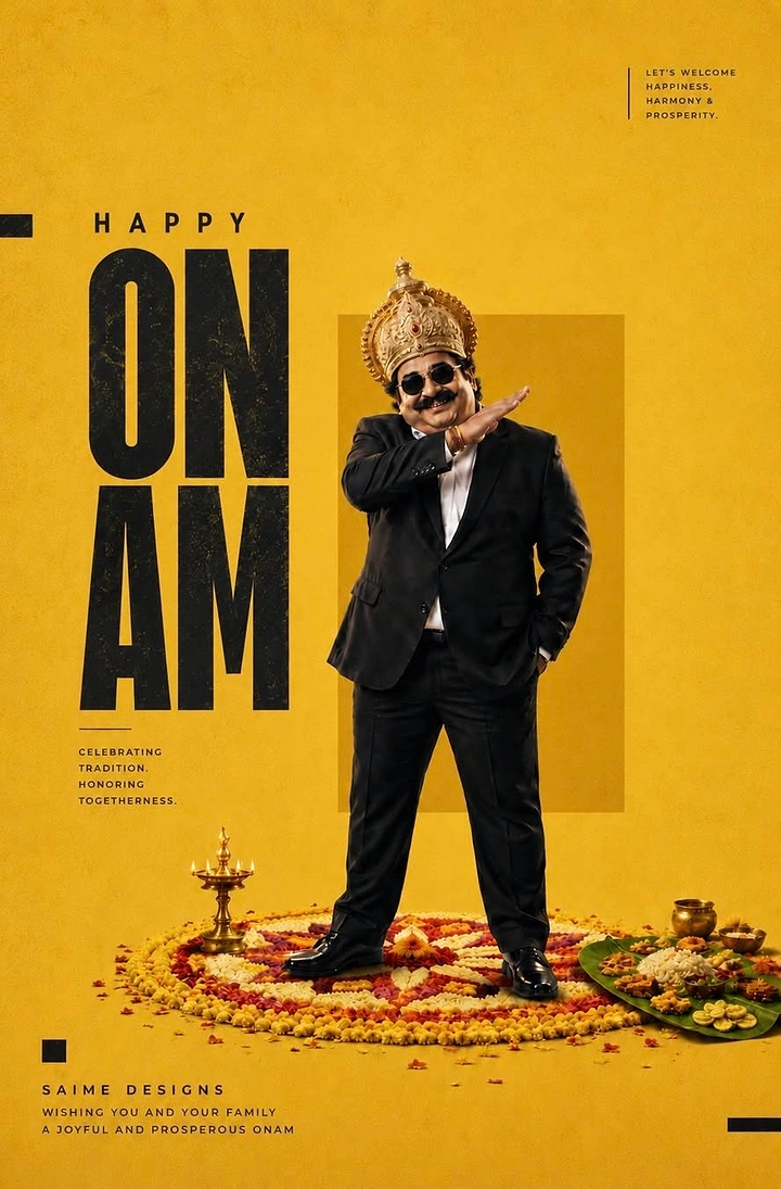Onam creative ad: Man in black suit and golden Mahabali crown posing on a pookalam