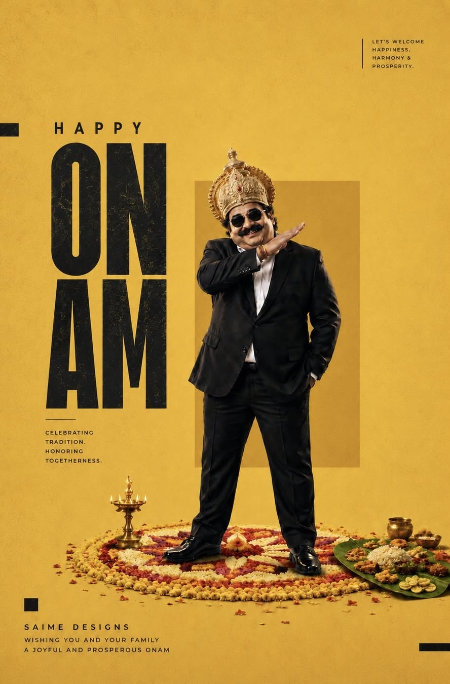 Man in black suit and golden Mahabali crown posing on a pookalam