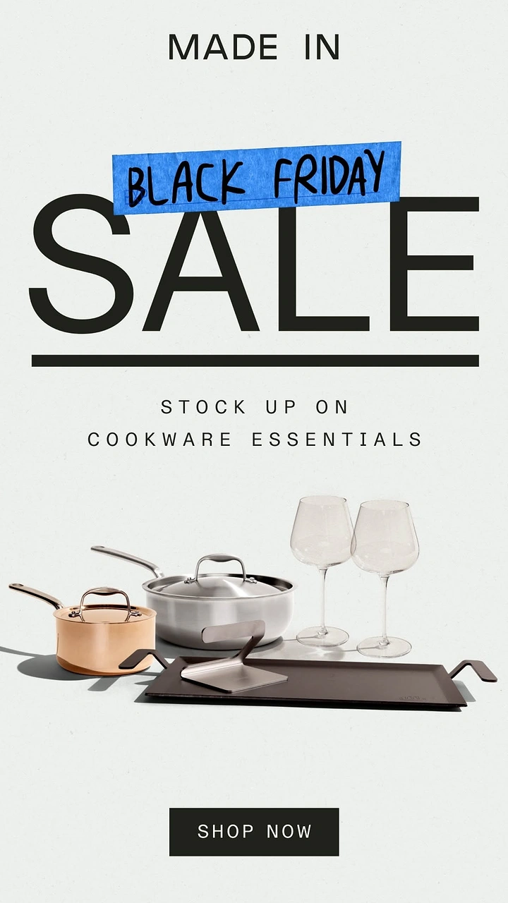 Black Friday creative ad: Cookware set with copper and steel pans, griddle and wine glasses