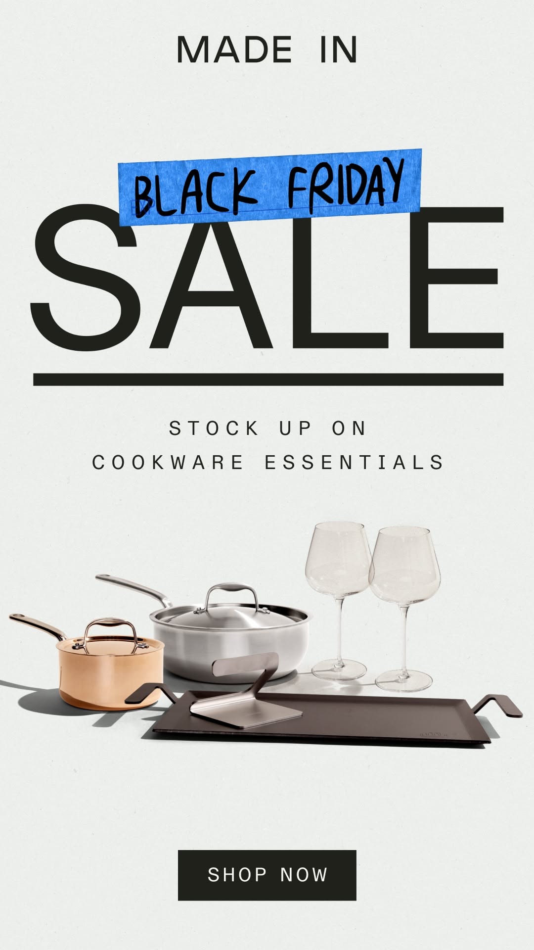 Cookware set with copper and steel pans, griddle and wine glasses