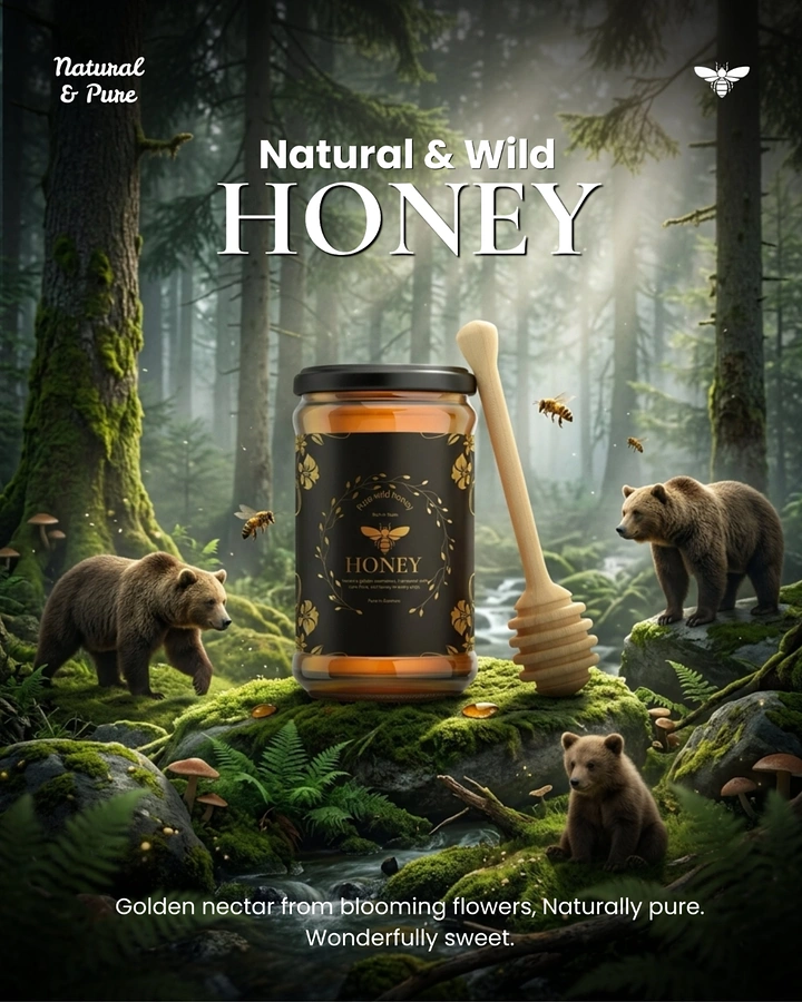 Honey Brands creative ad: Wild-honey forest scene with bears