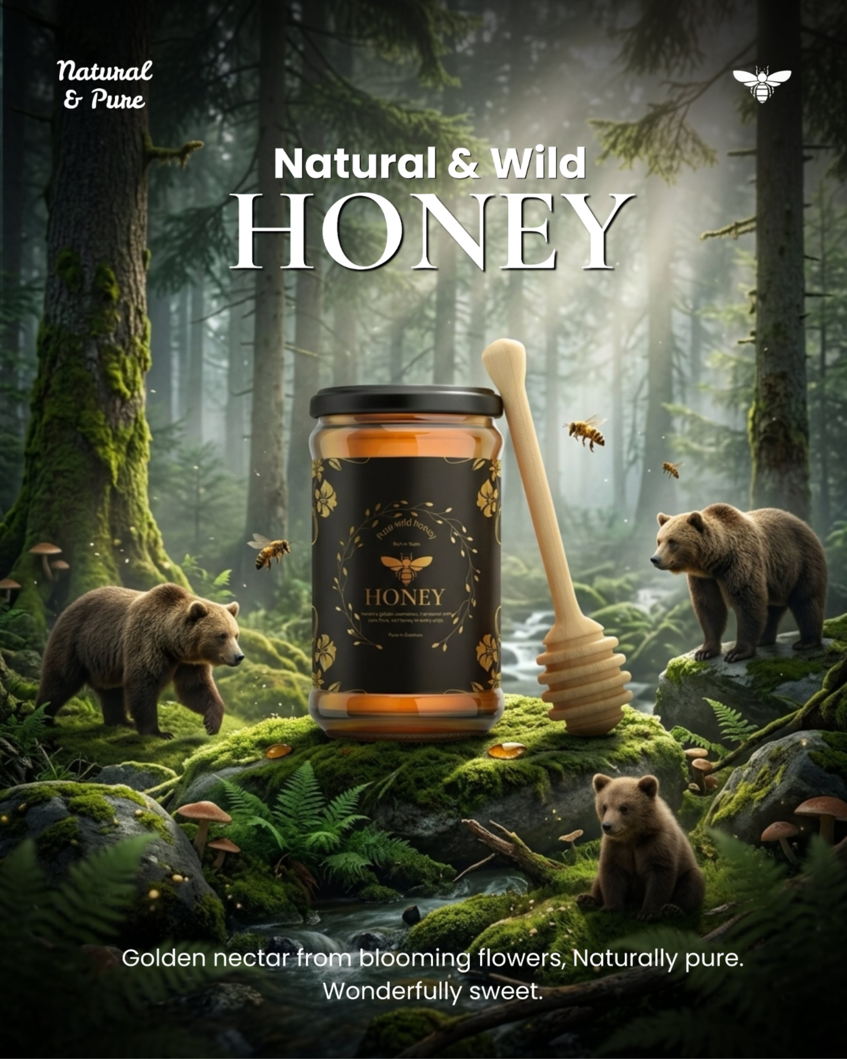 Instagram post: Wild-honey forest scene with bears
