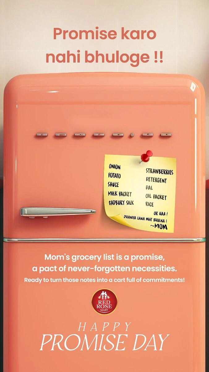 Valentine's Day creative ad: Retro peach fridge with mom's grocery list sticky note