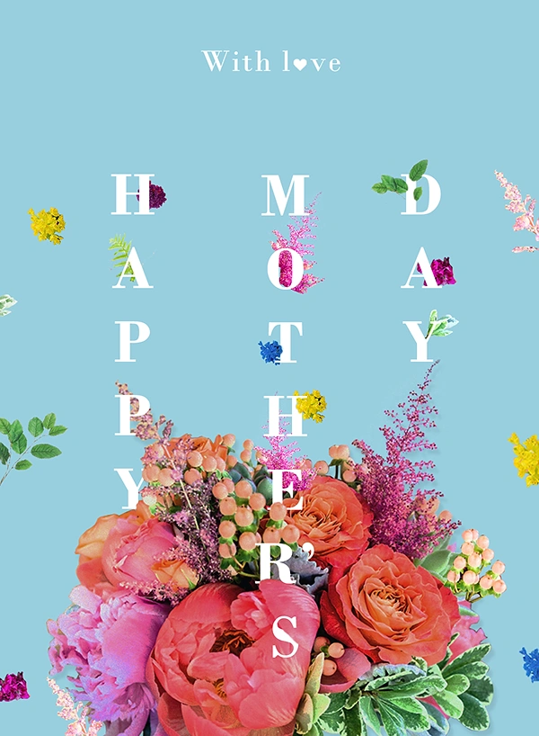 Mother's Day creative ad: Lush coral peony and rose bouquet rising from the bottom