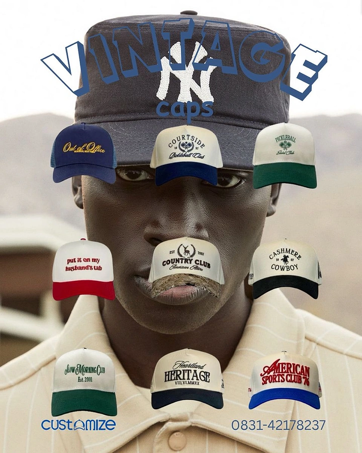Hats & Caps creative ad: Surreal hat assortment around portrait