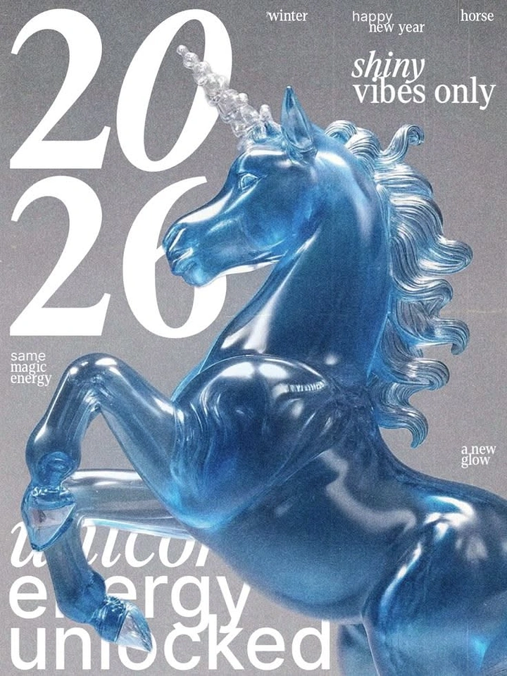 New Year creative ad: Translucent blue glass unicorn rearing up