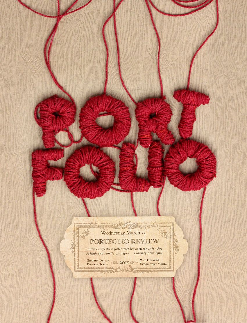 Poster: Word spelled in red yarn-wrapped 3D letters with dangling strings