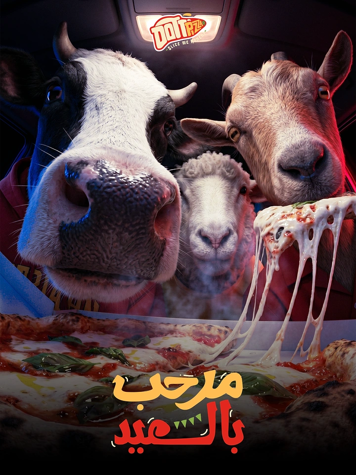 Eid creative ad: Cow, sheep and goat in a car leaning over a cheesy margherita pizza