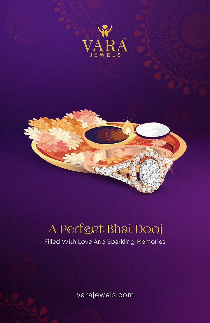 Bhai Dooj creative ad: Rose-gold diamond halo ring resting on an illustrated puja thali