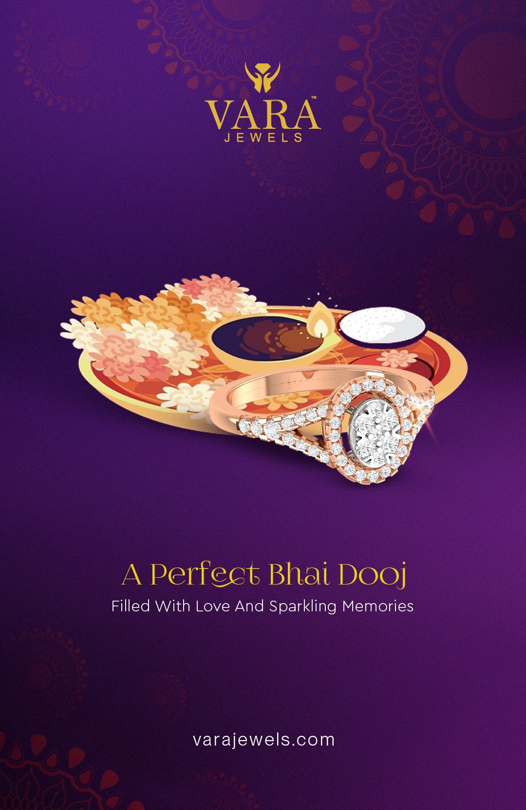 Rose-gold diamond halo ring resting on an illustrated puja thali