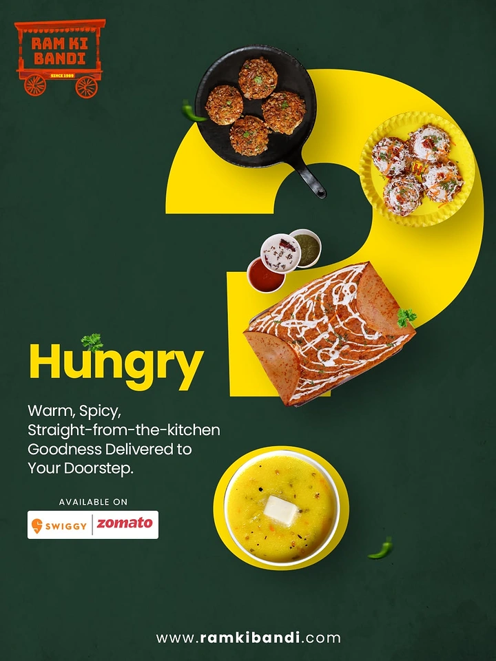 Cloud Kitchens & Food Trucks creative ad: Question mark built from dishes