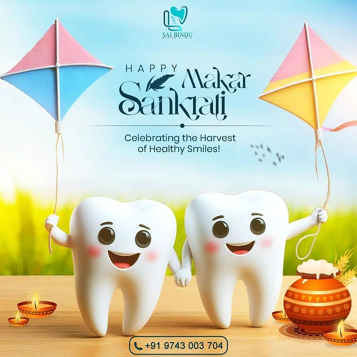 Dental creative ad: Two smiling 3D tooth mascots flying kites