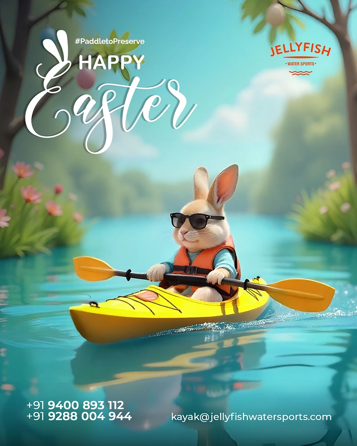 Easter creative ad: Bunny in sunglasses paddling a yellow kayak