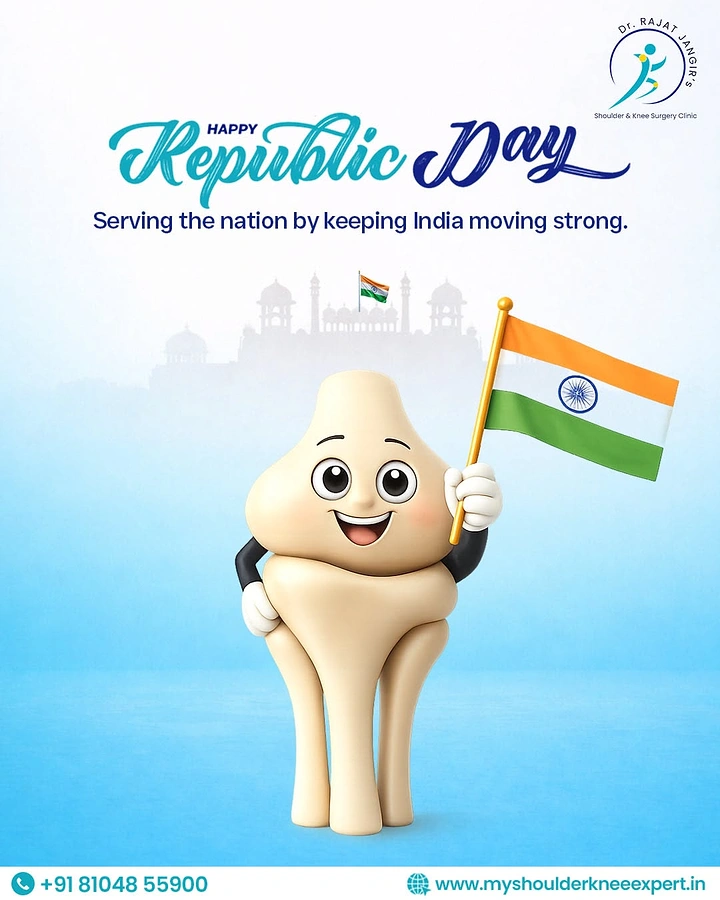 Republic Day creative ad: Smiling 3D knee-joint mascot waving the Indian flag