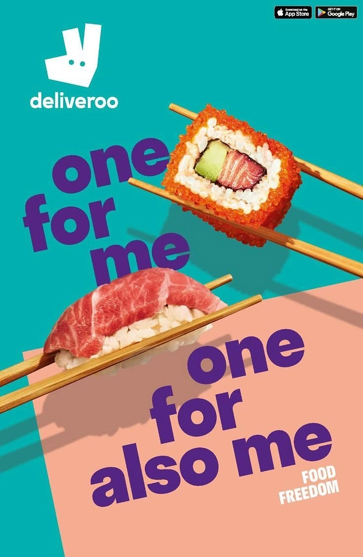 Creative ad: Two pairs of chopsticks holding sushi against colour-blocked planes