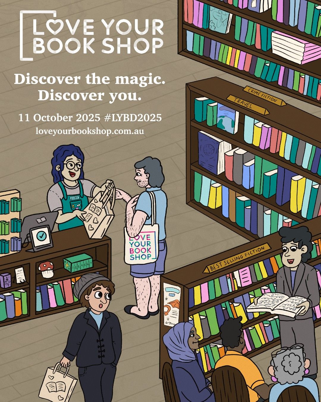 Charming illustrated bookshop scene, strong craft
