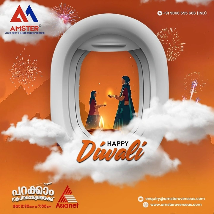 Diwali creative ad: Airplane window framing illustrated women lighting diyas