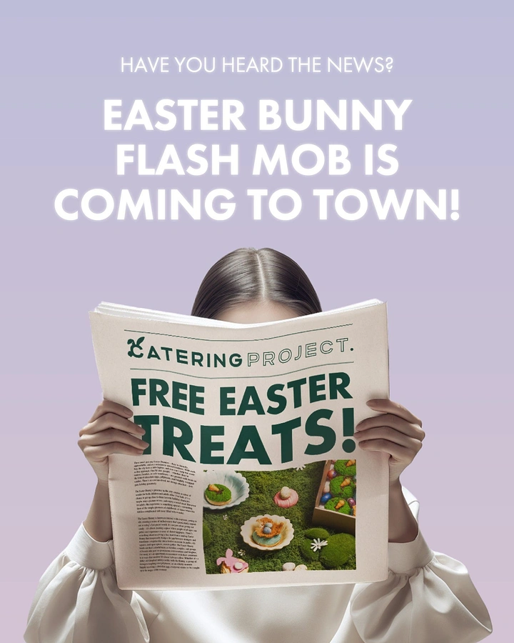 Easter creative ad: Woman hiding her face behind a newspaper announcing free Easter treats