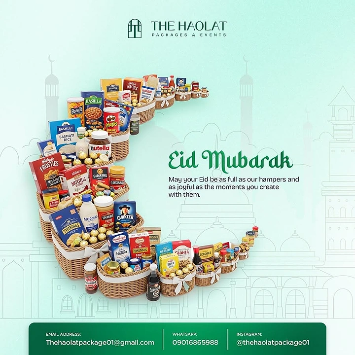 Eid creative ad: Crescent moon made of wicker gift hampers filled with groceries