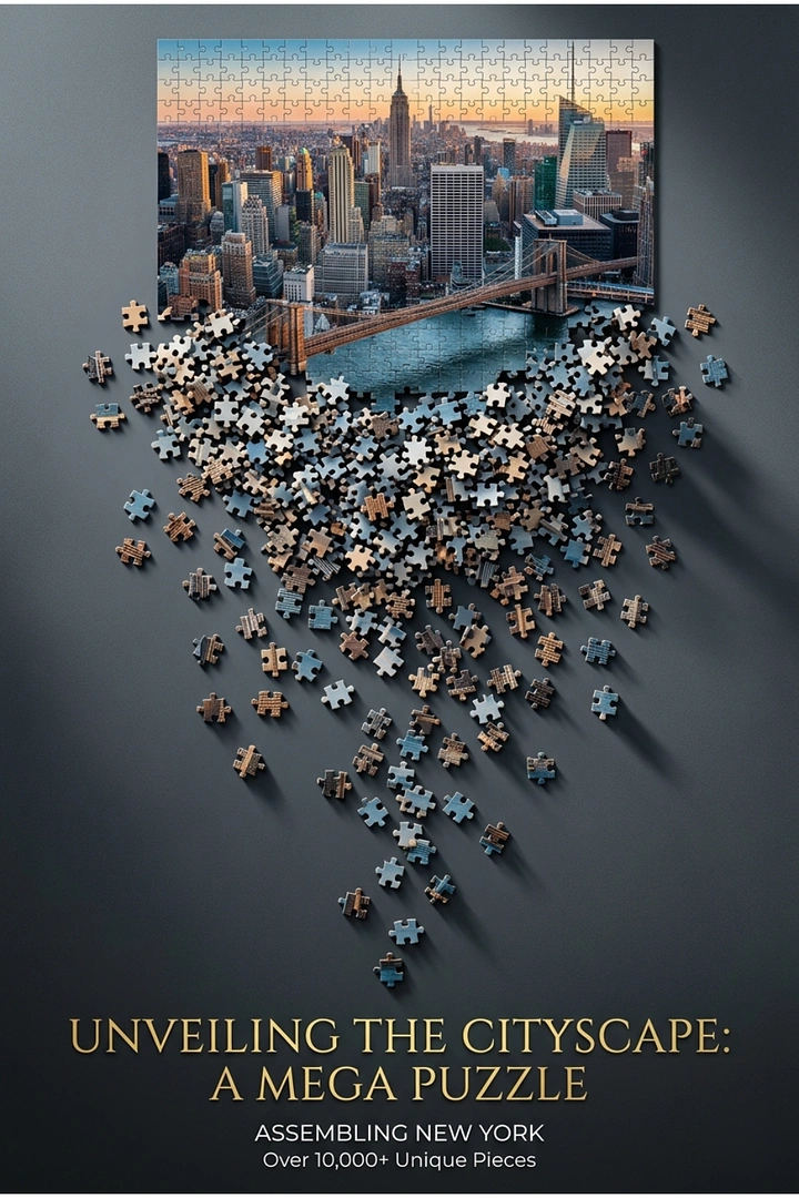 Board Games & Game Cafes creative ad: Cityscape assembled from scattered puzzle pieces
