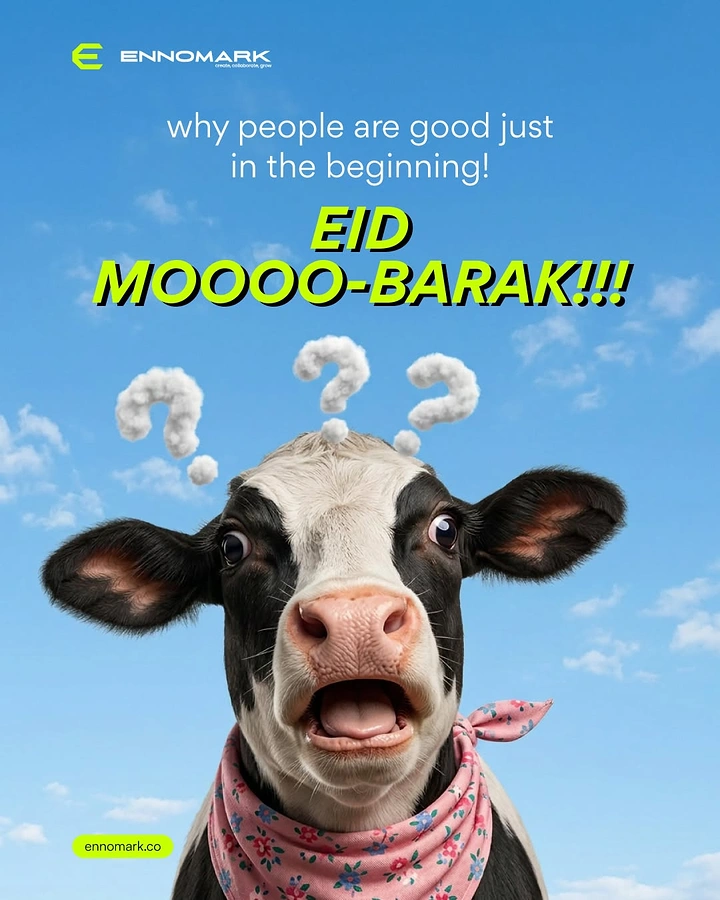 Eid creative ad: Startled cow in a pink floral bandana against a blue sky