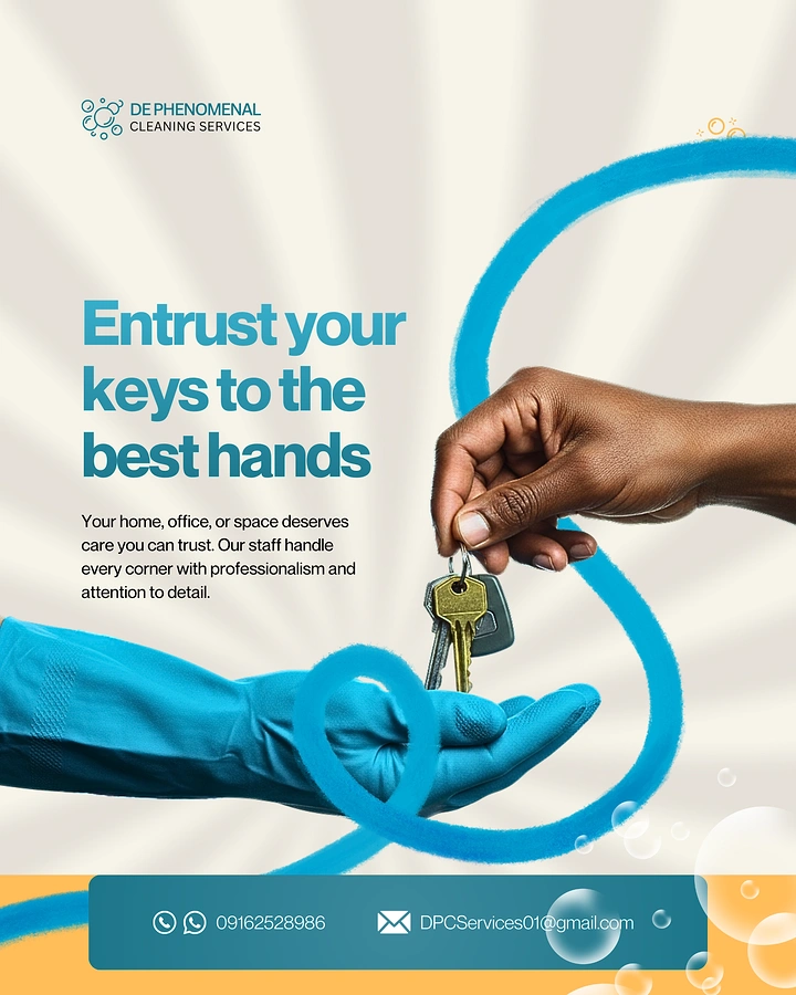 Cleaning Services creative ad: Keys handed to cleaning-gloved hand