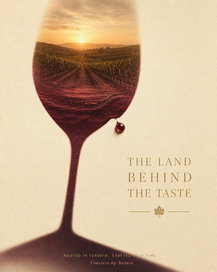 Creative ad: Wine glass silhouette filled with a sunset vineyard landscape