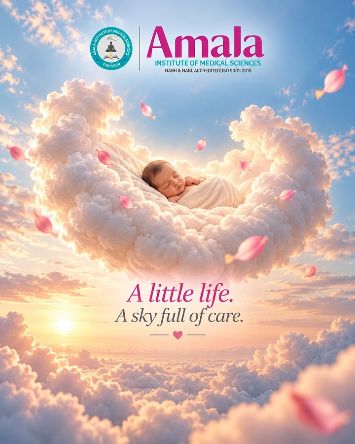 Maternity Hospitals & Gynaecologists creative ad: Baby rests among symbolic sky clouds