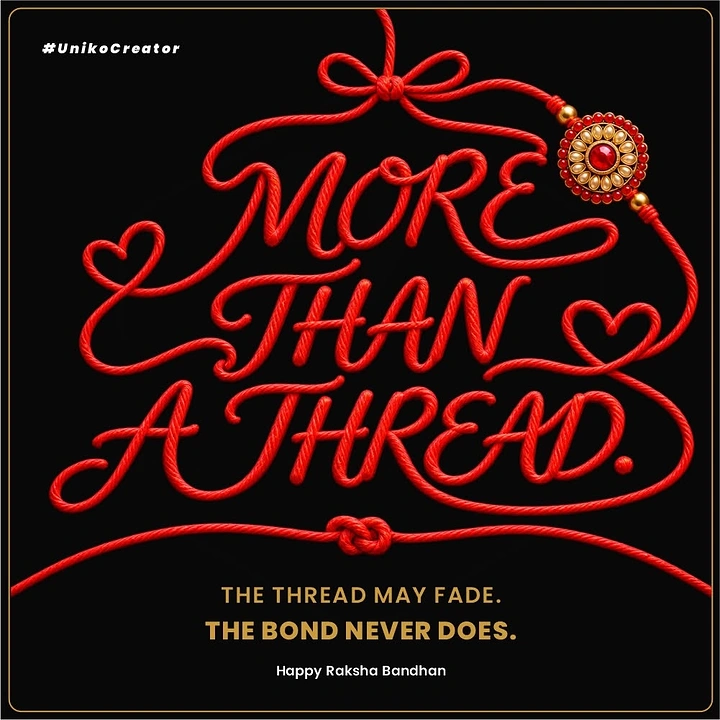 Raksha Bandhan creative ad: Twisted red thread spelling the headline with a rakhi