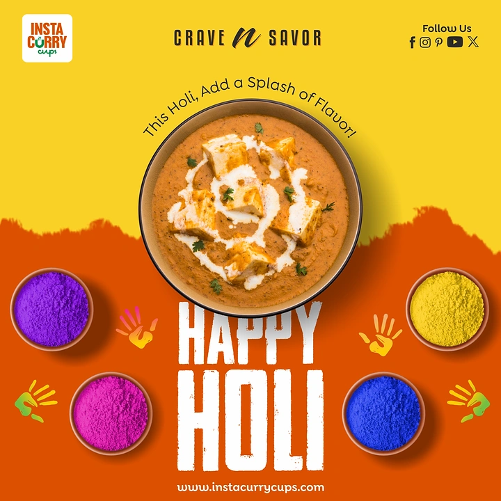Holi creative ad: Top-down bowl of paneer butter masala with a cream swirl